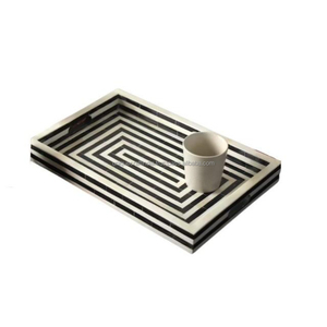 Plateau en bois moderne à motif en spirale noir avec incrustations d'os et accents ivoire pour la décoration de la maison, de la cuisine, de la salle à manger et de la table basse - Product Image 1