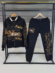 Custom OEM Rhinestone Graphic Tracksuit Set Full Zip Hoodie & Jogger Set Premium Heavyweight Fleece Streetwear Embroidery Sets - Product Image 1