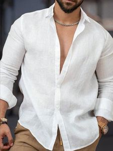 Chemise d'été en lin blanc pour homme - Vêtement décontracté écologique à manches longues pour les vacances, avec fermeture à bouton unique - Product Image 3