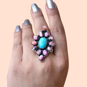 Anillo de plata Rosa Dalia 925, anillo de plata de racimo bohemio, joyería Vintage Mohave Novajo azul, anillo de Plata de Ley 925 - Product Image 1