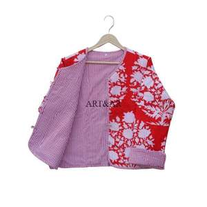 Veste bomber matelassée à manches longues à col en V pour femme, en tricot imprimé floral, respirante, écologique, boutonnée sur le devant - Product Image 4