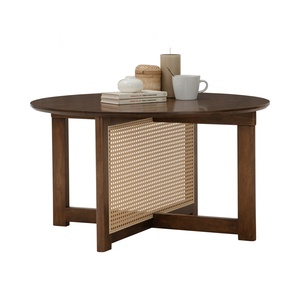 Modern Round Rattan Coffee <b>Table</b> with Cane Inlay Dark <b>Walnut</b> Wood Center <b>Table</b> Home Decor Living Room Accent Furniture - Product Image 4