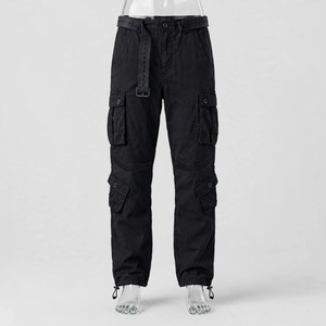 Pantalon cargo noir pour homme, plusieurs poches, respirant, 100% coton, style workwear, poids moyen, taille élastique, fermeture à cordon - Product Image 2