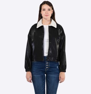 Motorcycle Jacket Warm Wholesale <b>Women's</b> <b>Black</b> Embossed PU Leather Jackets Long Sleeve Heavy Work Button up Lapel <b>Coats</b> - Product Image 2