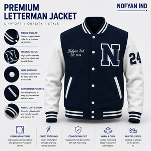 ผู้ผลิตเสื้อแจ็คเก็ตวาร์ซิตี้แบบกำหนดเอง ขายส่งเสื้อแจ็คเก็ต Letterman รับผลิตแบบ OEM/ODM เสื้อแจ็คเก็ตบอมเบอร์ปักโลโก้สำหรับผู้ชายและผู้หญิง คุณภาพพรีเมียม - Product Image 1