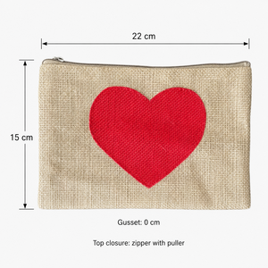 Pochette cosmétique en jute PP naturel avec fermeture éclair, applique cœur, 22x15 cm, logo personnalisé, sac de voyage pour maquillage et articles de toilette, vente en gros, OEM, marque privée - Product Image 2