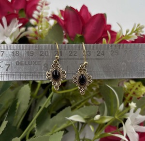 Handmade Black Onyx Flower Design Gold Plated Brass <b>Earrings</b> Vintage Designer Gemstone <b>Hook</b> <b>Earrings</b> for Women - Product Image 2