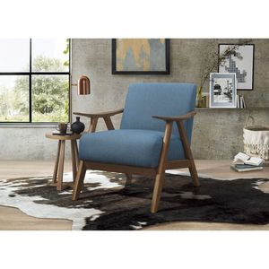 Poltrona Moderna 1 Pezzo per Soggiorno, Rivestimento in Tessuto Blu, Finitura Noce, Legno Massello di Gomma, Arredamento Casa, Seduta con Cuscino e Schienale - Product Image 2