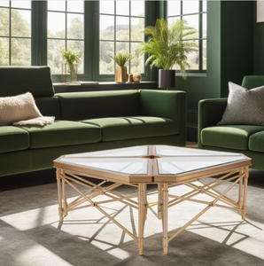 Modern Geometric <b>Glass</b> Coffee <b>Table</b> with Metal Frame Hexagon Shape <b>Side</b> <b>Table</b> for Living Room - Product Image 6