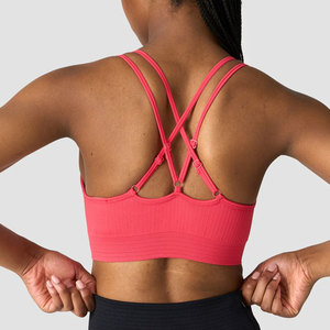 Haut de sport tricoté extensible pour femme, dos croisé à bretelles, col en V profond, en matériau côtelé personnalisé, avec coussinets amovibles, très vendu - Product Image 2