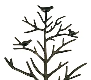 Porte-bijoux en métal noir, beau design d'arbre avec oiseaux ornementaux sur branches avec plateau Bracelet Boucle d'oreille Grand support