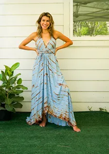 Women’s Light Blue <b>Brown</b> <b>Tie</b> Dye Rayon V Neck Maxi Dress Sleeveless Backless Loose Fit Boho Beach Summer Dress - Product Image 3