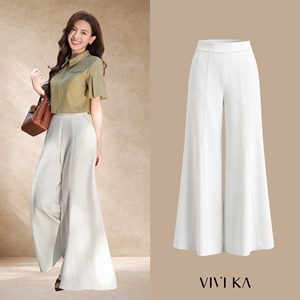 Pantalon blanc taille haute à jambes larges pour femmes, en polyester, anti-rides, coupe ample, couleur unie, pour le bureau, MARINA - Product Image 1