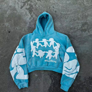 Hoodie graphique personnalisé coupe courte délavé à l'acide avec manches à appliqué en relief, en mélange de coton épais, imprimé en relief personnalisé - Product Image 1