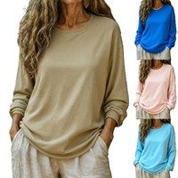 T-shirt CVC décontracté à manches longues et col rond pour femme, grande taille, broderie logo personnalisée OEM, prix usine Chine Bangladesh