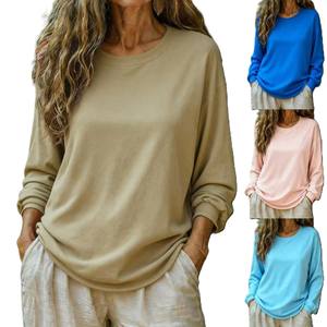 T-shirt CVC décontracté à manches longues et col rond pour femme, grande taille, broderie logo personnalisée OEM, prix usine Chine Bangladesh - Product Image 1