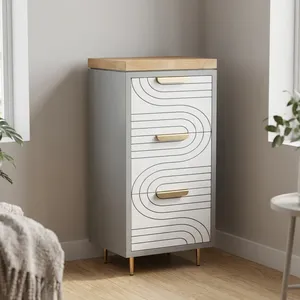 Modern 3-Drawer <b>Storage</b> <b>Bathroom</b> Cabinet White Geometric Design Brass Handles Minimalist Style Freestanding <b>Unit</b> - Product Image 6