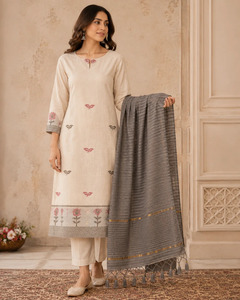 Unstitched <b>Hand</b> Embroidered Jamdani Cotton Kurta <b>Set</b> in <b>Cream</b> White for Women Available at wholesale Price - Product Image 4