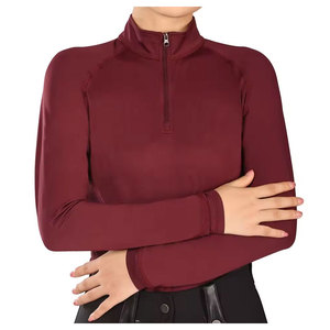 Haut de base équestre pour femme à manches longues et col montant, couleur unie, respirant, en coton élasthanne extensible, avec ceinture imprimée, séchage rapide, pour l'équitation - Product Image 1