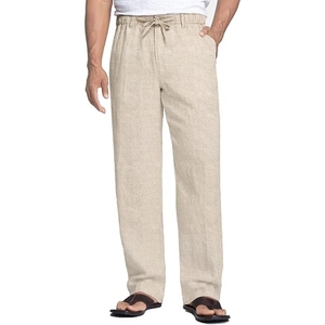 Men's 100% Linen Straight Leg Casual Pants <b>Elastic</b> Waist Drawstring Breathable Lightweight Summer Trousers With Pockets - Product Image 1