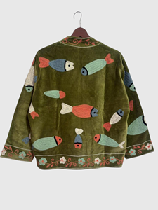 Veste en velours à col mandarin brodée à la main avec motif de poisson, manches longues, style blouson, pour adulte, à porter en automne - Product Image 2