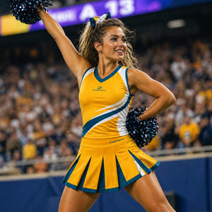 Wholesale Cheerleader Uniform Set Women Performance Cheer Dress Outfit with Stretch Fabric Mesh Panels Pleated <b>Skirt</b> - Product Image 4
