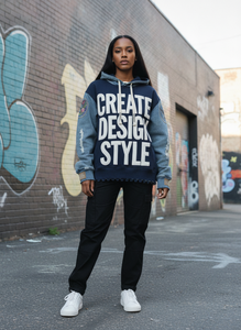TAWFIQ Sweat à capuche bleu marine avec manches en jean, logo brodé au dos, vêtement décontracté d'automne, coupe classique, coton et fibre de bambou - Product Image 6