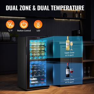 Doppia zona 32-bottiglia di vino refrigeratore Freestanding luce LED frigorifero per vino e bevande - Product Image 3
