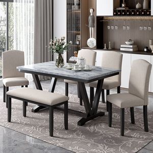 Set da Pranzo Moderno 6 Pezzi con Gambe a V, Piano in Impiallacciatura Marmorizzata, 4 Sedie più 1 Panca - Product Image 1