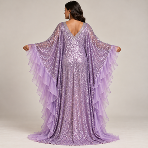 Purple <b>Sequin</b> Modest ODM Abaya Dress Plus Size Muslim Formal Wear Long Sleeve Ruffle Sheikhah Robe for Eid Party - Product Image 3