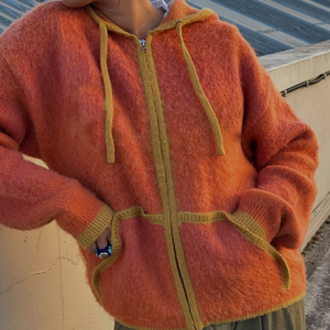 Custom OEM Fuzzy Mohair Zip Hoodie Oversized Boxy Fit Knitted <b>Cardigan</b> with Contrast Trim Streetwear <b>Men's</b> Knitted Sweater - Product Image 3