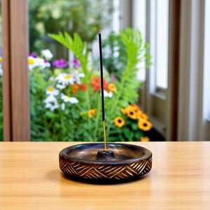 Handcrafted Solid Wood <b>Incense</b> <b>Stick</b> <b>Holder</b> Round Bowl Raised Center Ash Catcher Zen Meditation Tabletop Home Decor Gift - Product Image 3