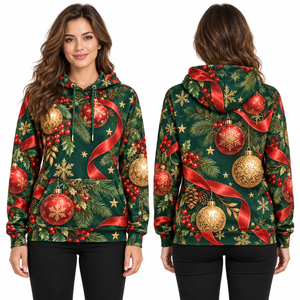 Women's Christmas Printed Windproof Streetwear Hooded Sweatshirt Red Full Sleeve Knitted Winter Pullover Polyester/Cotton Fleece - Product Image 5