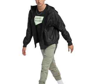 <b>Men's</b> Black Hooded Bomber <b>Jacket</b> Zipper Closure Windproof Casual Autumn Wear Polyester Material Regular Fit Solid Color - Product Image 2