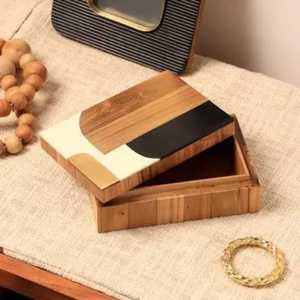 Boîte de rangement de bijoux de luxe en velours, ornée de perles faites à la main, à motif géométrique, avec couvercle à pompons, coffre rectangulaire pour souvenirs - Product Image 3