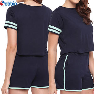 Ensembles d'été tendance pour femmes : Haut court et short, couleur bleue, col rond, manches courtes, tenue décontractée pour filles - Product Image 5