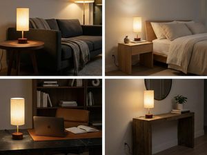 Lampe de table LED décorative pour chevet avec base en bois de manguier et abat-jour en lin, lampe de table moderne pour chambre à coucher et bureau - Product Image 6