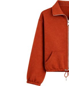 Sudadera corta de forro polar rosa coral con cremallera completa para mujer, cuello polo, bolsillos delanteros, dobladillo con cordón ajustable, estilo casual y cálido para la calle - Product Image 2