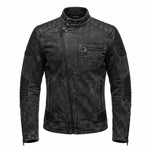Blouson Moto Vintage en Jean Noir Vieilli pour Homme avec Patchs en Cuir Coupe Slim Vêtement Décontracté pour la Conduite - Product Image 1