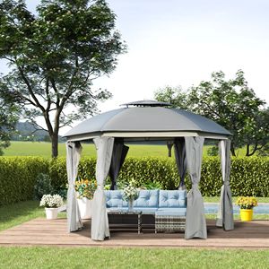 Gazebo Moderno 12x12 con Doppio Tetto, Zanzariere e Tende, Porte Impermeabili con Cerniera, in Alluminio e Ferro Grigio per Cortili e Parchi - Product Image 2