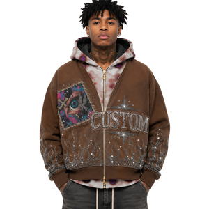 Vente en gros de sweats à capuche pour hommes, double couche, marron, zippés, avec motif flamme en strass, style streetwear oversize, veste personnalisable avec logo, usine OEM B2B - Product Image 1