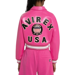 <b>Pink</b> PU Bomber <b>Jacket</b> With Embroidered Patch Design Turn-Down Collar Zipper Closure Streetwear Style Short Length - Product Image 2