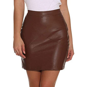 Women's <b>Brown</b> Faux Leather High Waist Mini <b>Pencil</b> <b>Skirt</b> Shiny Solid Design All Seasons Sexy Style - Product Image 1