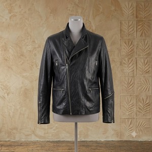 Blouson moto en cuir véritable pour homme avec fermeture éclair et plusieurs poches, coupe classique, col rabattable, vêtement d'extérieur pour l'automne - Product Image 1