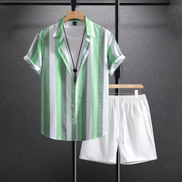 Heren Hawaiiaans overhemdset 2-delig casual gestreept overhemd met knopen en shorts zomer strandpak OEM ODM groothandel