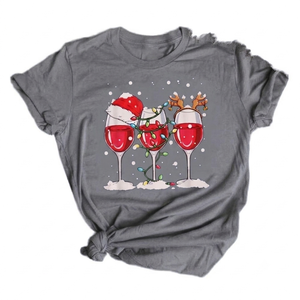 Wholesale Custom lightweight women fashionable printed Christmas Wine Holiday Graphic <b>Festive</b> grey Short Sleeve CrewNeck <b>top</b> - Product Image 1
