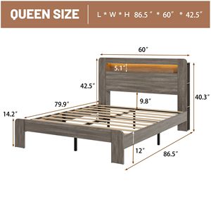 Letto matrimoniale in legno con piattaforma, testiera illuminata a LED e contenitore, 2 USB, silenzioso, non richiede rete a molle - Product Image 2