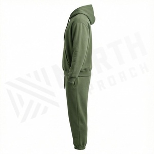 Ensemble de survêtement unisexe vert olive à capuche, sweat-shirt et pantalon en coton pleine longueur, couleur unie décontractée avec cordon de serrage, idéal pour l'automne - Product Image 3