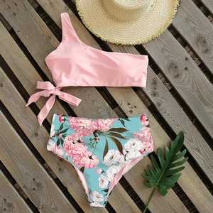 Conjunto de Bikini de Una Sola Pieza para Mujer, Estampado Floral, Parte Inferior de Cintura Alta, Top Bandeau Asimétrico, Traje de Baño de Spandex y Poliéster - Product Image 2