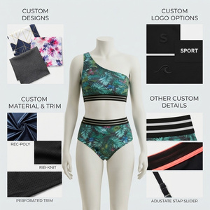 REDDITO Women's One-Shoulder Tropical Print Bikini Set High Cut Bottoms Asymmetric Stretch Eco-Friendly Seamless Spandex Front - Product Image 4